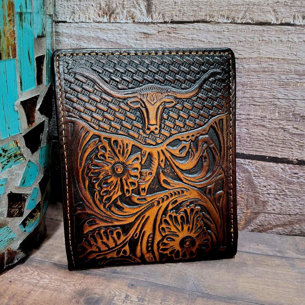 Men's Western Bifold Wallet Embossed Horse Design Credit Card genuine leather